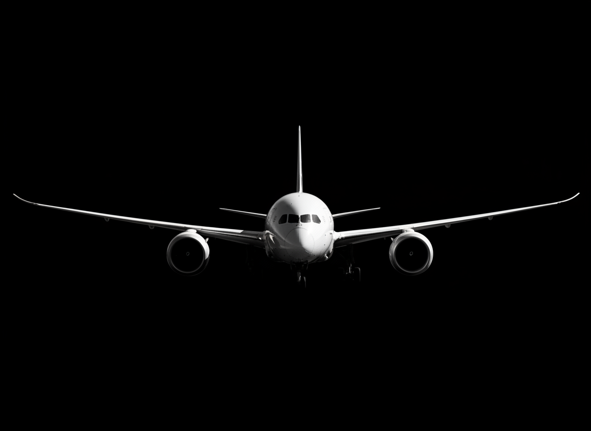 Modern commercial aircraft in dramatic black and white